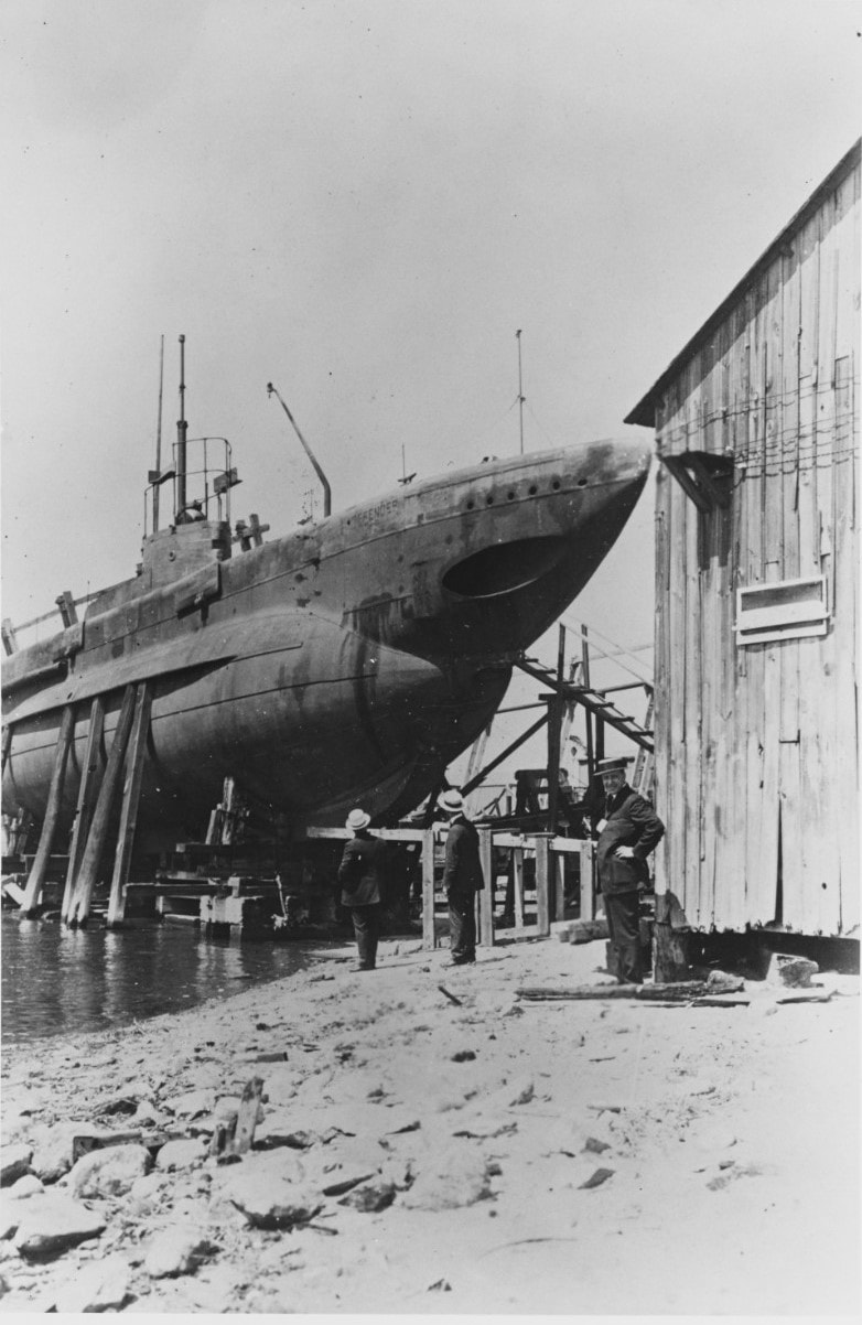 Newly rebuilt Defender, likely at Lake's Bridgeport, CT. yard during the conversion period, approximately 1907-1908. Photo Credit: Photo NH 52483 courtesy of NHHC.